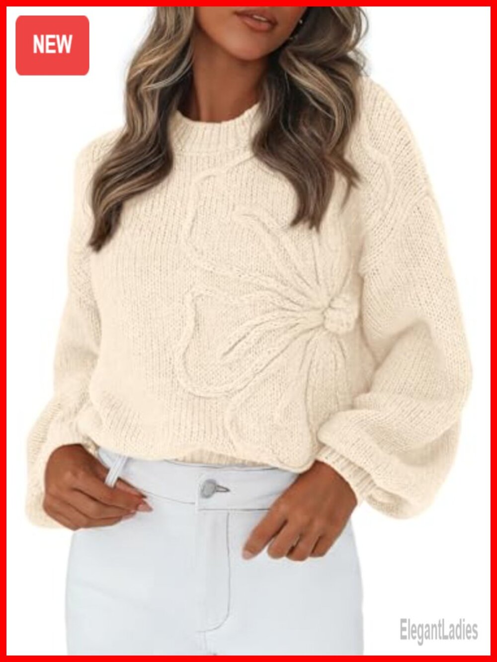Oversized 3D Floral Knit Sweater Drop Shoulder Lantern Sleeve Pullover